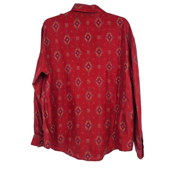 VTG Diane Gilman Red Silk Button Up Shirt L Boho Floral Print Hidden Button - Picture 5 of 10